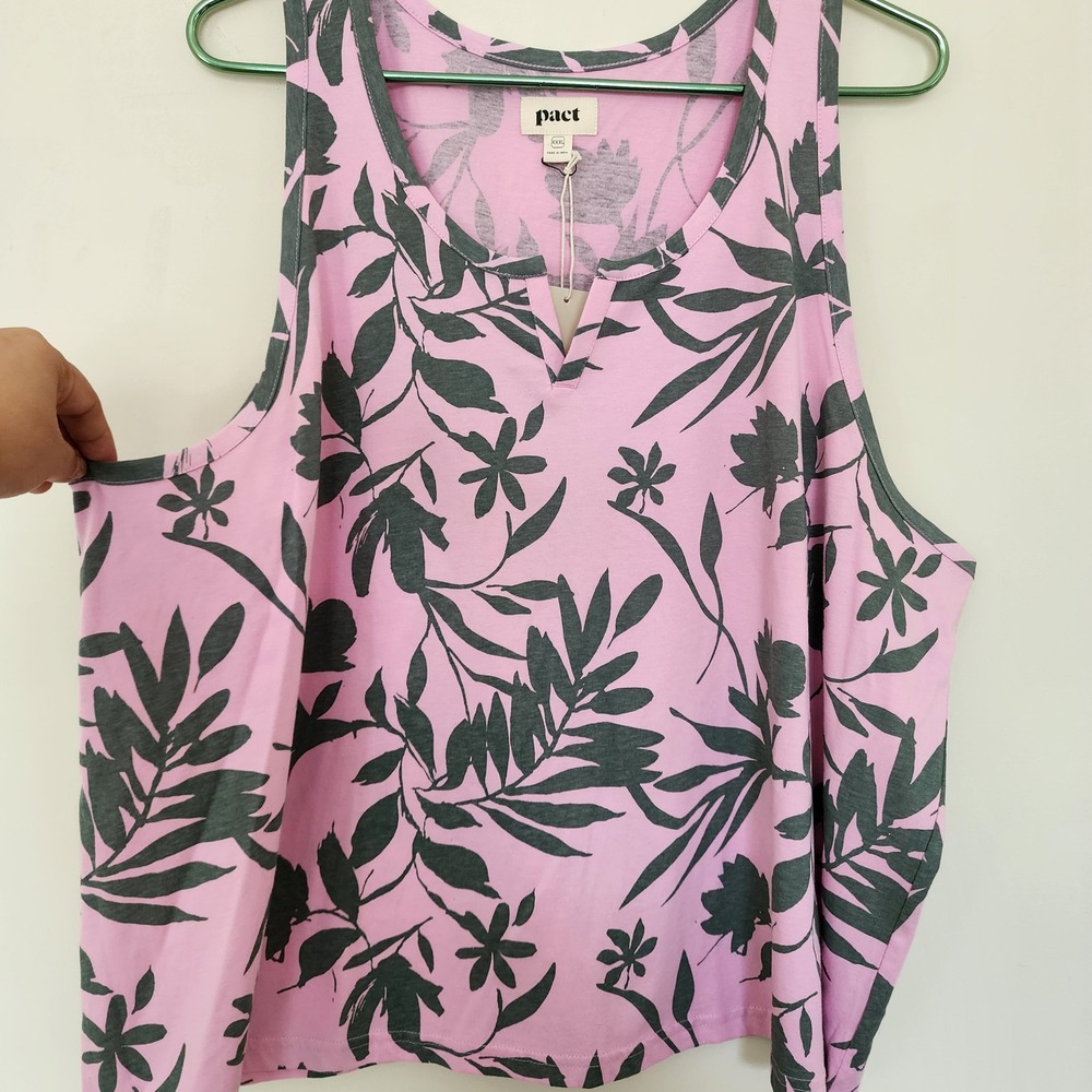Pact Organic Cotton Tank Top Pink Grey Leaf Print Split Neck XXXL NWT resortwear - Picture 2 of 5